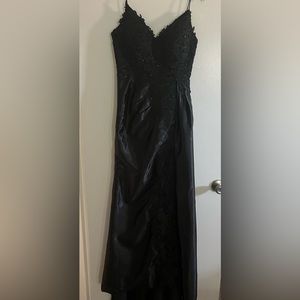 Spaghetti Strap High Slit Black Prom Dress